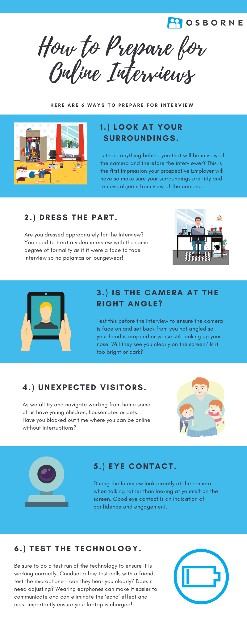 How to prepare for an online interview top tips infographic.
